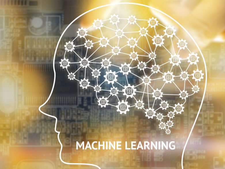 Machine learning and artificial intelligence concept. Robot brain with binary coded gears connection and machine learning text. Abstract Electric circuits background and flare light